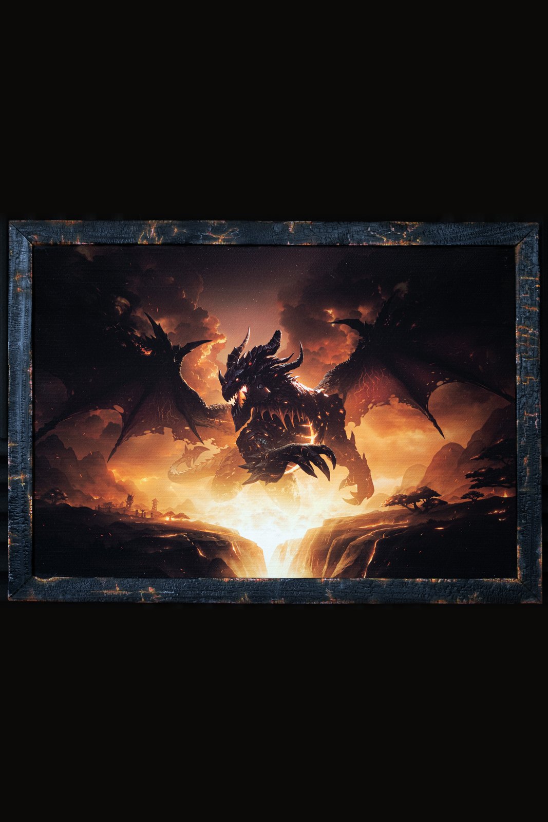Fire Frame, Charred‑wood frame with glowing embers